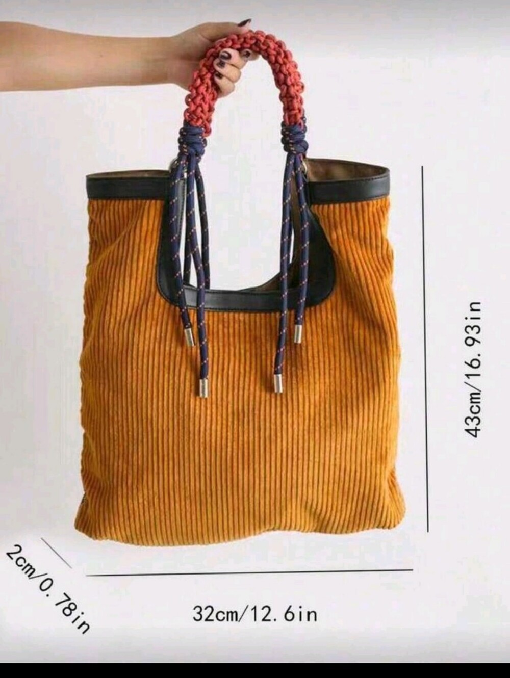 Corduroy Tote Bag with Navy Rope Strap - Mustard - Picture 2 of 5